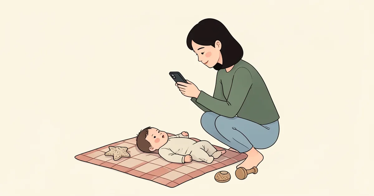 엄마가 담요에 누운 아기를 휴대폰으로 찍는 그림