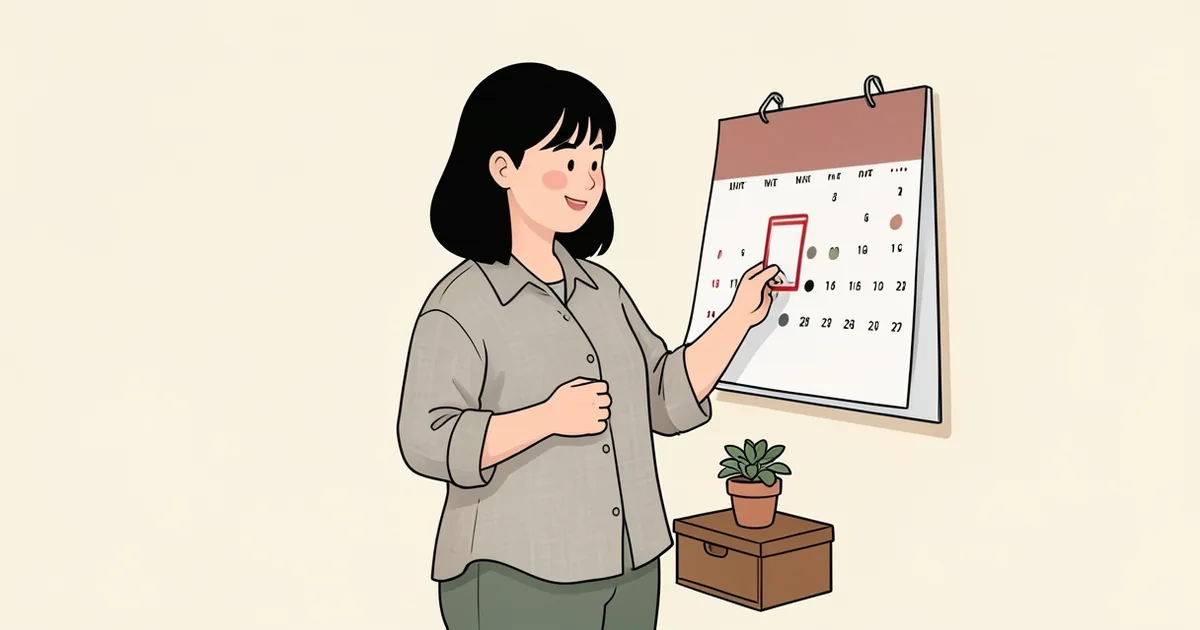 임신부가 벽에 걸린 달력에서 지난 날짜를 짚어 보는 그림